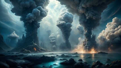 Fototapeta premium Underwater Volcanic Landscape with Bubbling Vents and Rising Plumes of Smoke, Intense and Dynamic