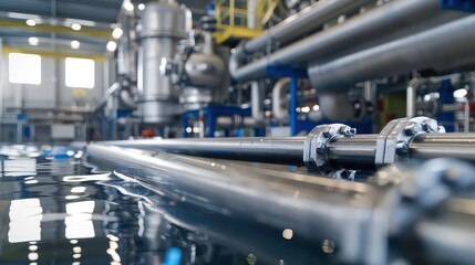 Close up of shiny metal pipes with clamps in a factory setting.