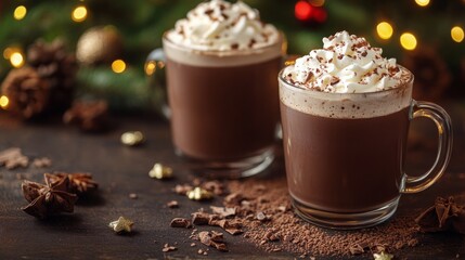 Warm festive drinks with whipped cream and spices decorated for the holiday season