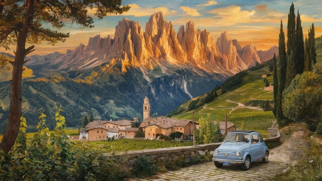 Sunset over Italian Dolomites, with mountains bathed in golden light, a alpine village with terracotta-roofed houses and church tower.jpeg