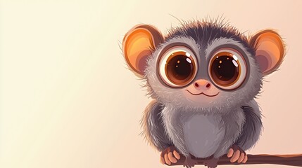 A cute cartoon monkey with large eyes and fluffy fur, sitting on a branch.