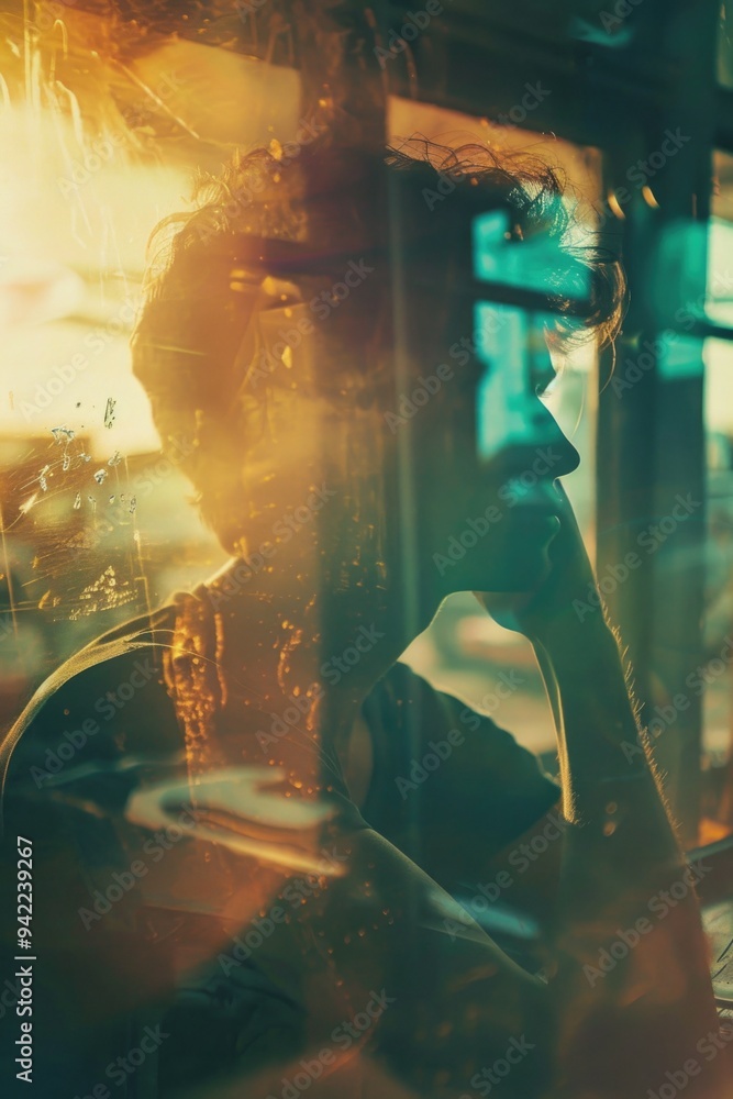 Poster a person sitting on a bus looking out the window, possibly lost in thought or enjoying the view