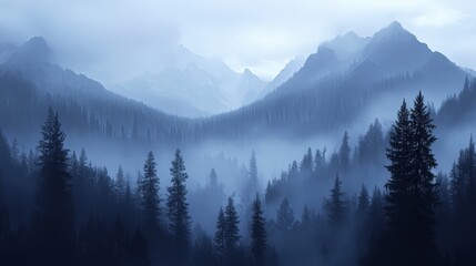 Fototapeta premium Mystical Mist: Enchanting Foggy Forests and Mountains in Muted Tones