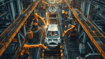 Image of a modern car manufacturing assembly line with industrial robots working in harmony. Sparks flying, robotic arms assembling vehicles. High-tech automated production in automotive industry.