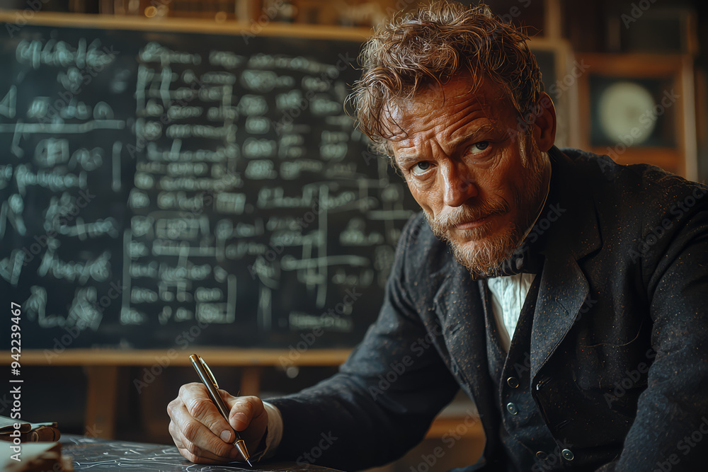 Poster a physicist writing complex equations on a chalkboard, absorbed in thought. concept of theoretical s