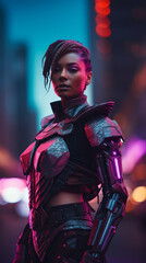A portrait of a futuristic warrior illuminated by red atmospheric light, with a dark pink background, creating a dramatic high-contrast composition. She is wearing sleek black armor 