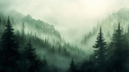 Eerie Mystique of Foggy Forests and Mountains - Muted Tones and Enigmatic Atmosphere in Nature's Embrace