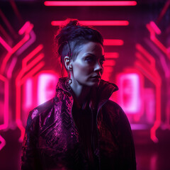 A portrait of an enigmatic cyberpunk artist bathed in red atmospheric light, with a dark pink background, creating an intense and mysterious high-contrast composition. She is wearing an 