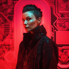 A portrait of an enigmatic cyberpunk artist bathed in red atmospheric light, with a dark pink background, creating an intense and mysterious high-contrast composition. She is wearing an 