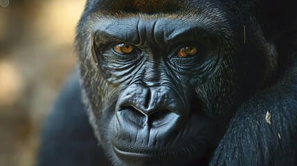 Obraz premium Striking close-up of a gorilla's commanding expression ideal for highlighting the wild strength of wildlife