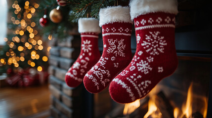 Red Christmas Socks by Fireplace