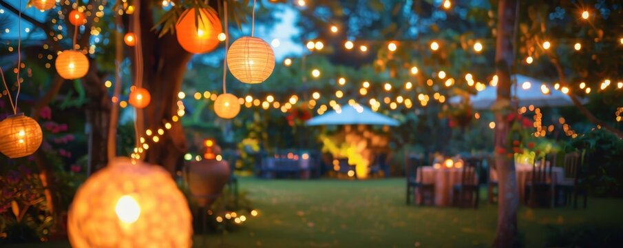 Outdoor garden party with hanging lanterns and string lights, creating a warm and inviting evening atmosphere for special events.