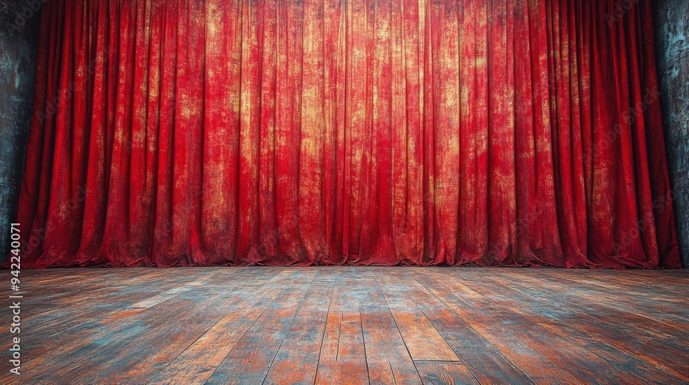 Aufkleber red velvet curtains draping an empty stage in a theater setting before a performance starts