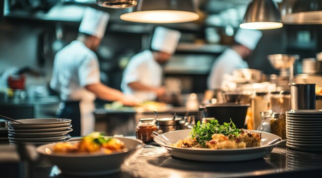 In a vibrant kitchen, skilled chefs prepare delicious meals, showcasing culinary creativity and teamwork, while the enticing aroma of cooking fills the lively restaurant, attracting diners