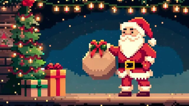Retro Pixel 8 bit Santa Claus Christmas Scene