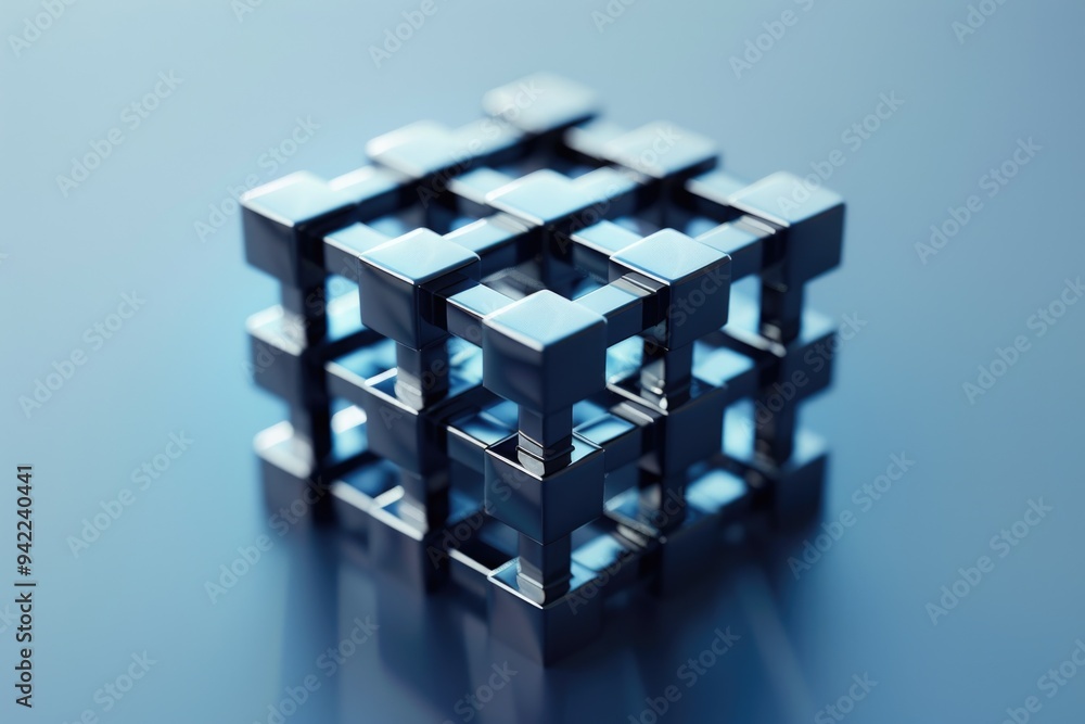 Poster a three-dimensional cube with contrasting colors sits on a flat, bright blue surface