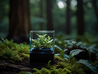 A terrarium. Mini-garden concept. Plant in a glass box in a jungle.