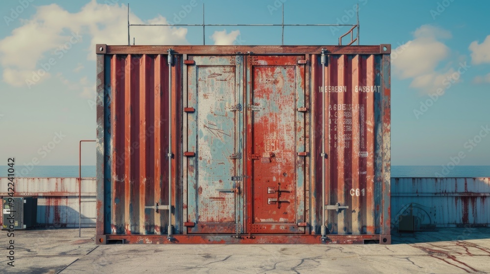 Poster container sitting on concrete surface with red and blue coloring