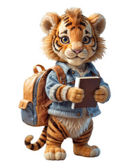 Cute Tiger dressed for school isolated on transparent background png, cartoon animal reading a book, children education materials, back to school, sticker, notebook cover, Generative AI
