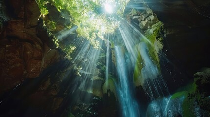 Obraz premium Sunbeams Illuminate Waterfall in a Lush Cave