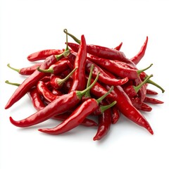 A pile of bright red chili peppers isolated on a white background.