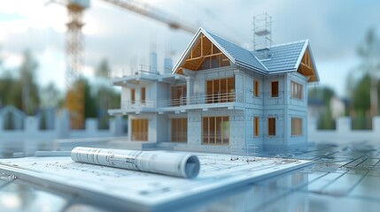 House building model on blueprint under cloudy sky
