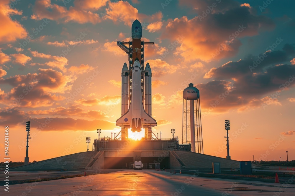Poster a space shuttle lifting off from a launchpad into the sky
