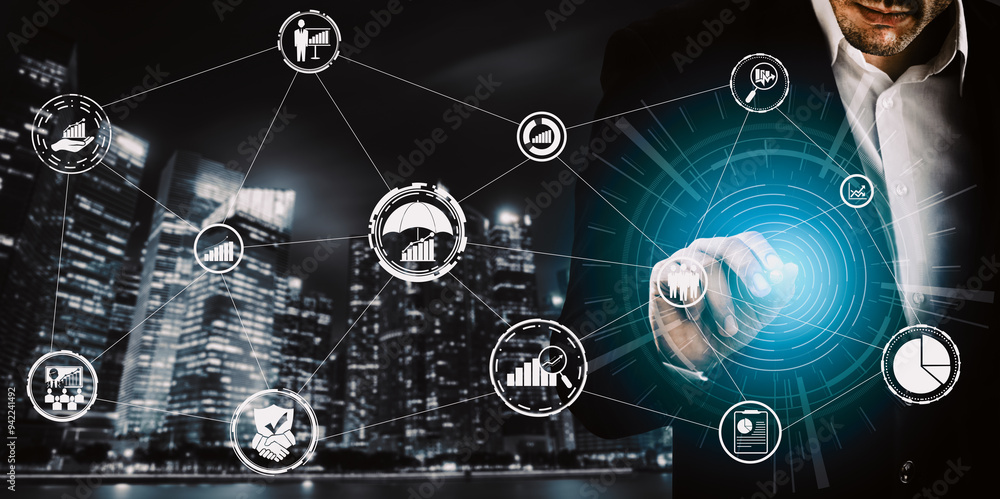 Poster data analysis for business and finance concept. interface showing future computer technology of prof