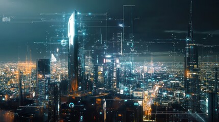 Naklejka premium Futuristic Cityscape at Night with Digital Overlays
