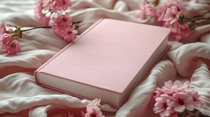 A pink book rests on a bed beside pink flowers in a room