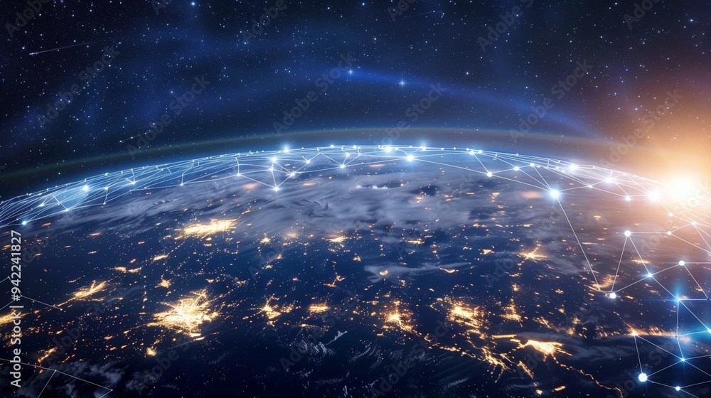 Poster A mesmerizing view of Earth from space showcasing global connectivity with a network of glowing lines, representing advanced technology and the internet, under the vast starry sky at dawn.