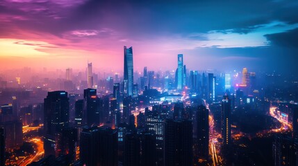 Fototapeta premium Aerial View of a Cityscape at Dusk with Colorful Skies