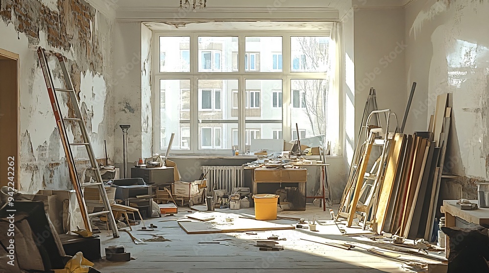 Poster sunlight streams through window into empty room under renovation, with scattered tools and materials