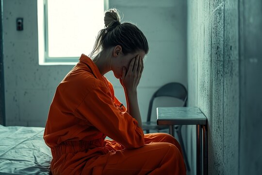 A female prisoner, wearing an orange jumpsuit, sits on the edge of...