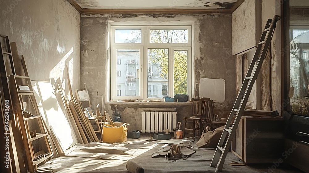 Poster sunlight streaming through the window illuminates an empty room undergoing renovation, with building