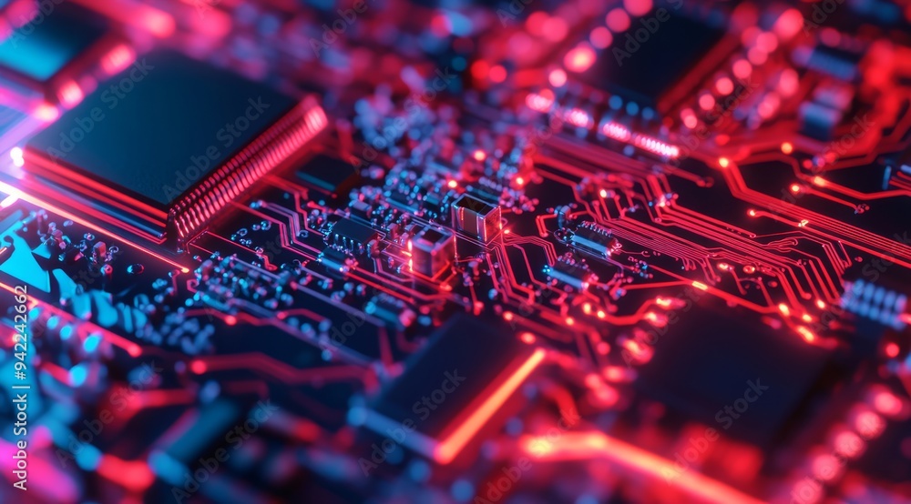 Poster this text provides a detailed view of microchip circuitry, highlighting the advanced technology and 