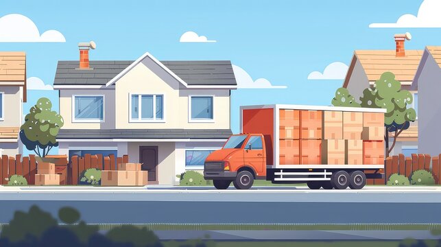 A moving truck with boxes is parked in front of a suburban house.