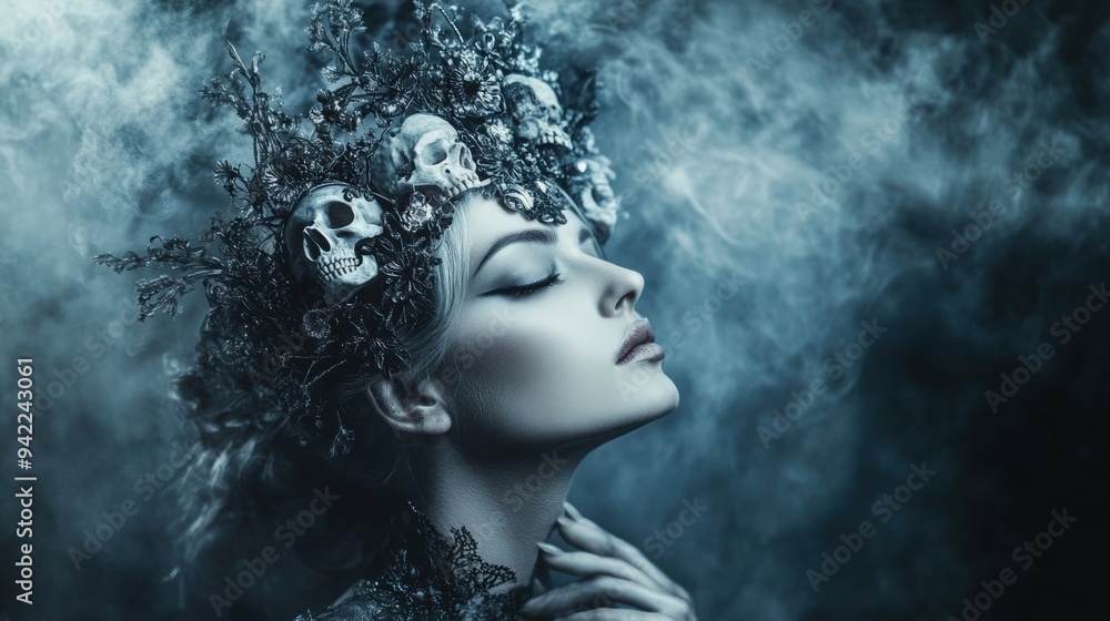 Poster a woman with a skull crown on her head and smoke in the background, ai