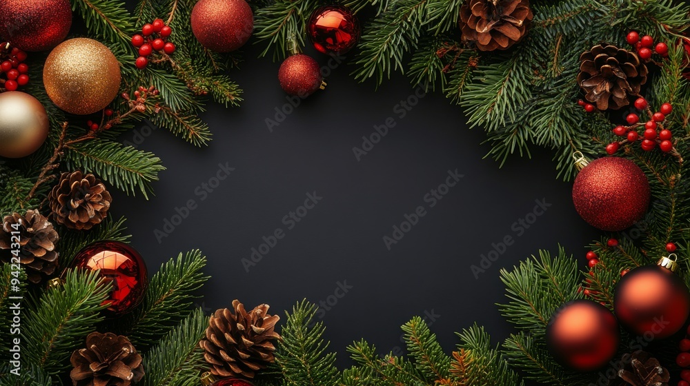 Poster Holiday arrangement with red ornaments and pine cones on a black background