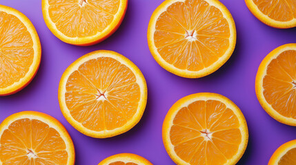 Purple orange slices background, graphic banner, flat lay top view