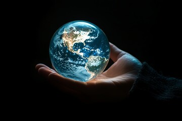 A hand holding up an illuminated globe of the Earth against a black...