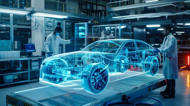 A modern car manufacturing facility integrates cuttingedge holographic AR technology for precise automobile design, driven by innovative engineers in a futuristic virtual interface