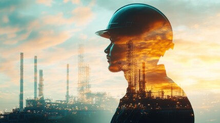A creative double exposure featuring the silhouette of an engineer overlaid with an industrial refinery.