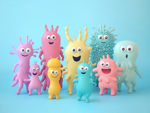 Adorable animated bacteria characters posing together on a vibrant blue background