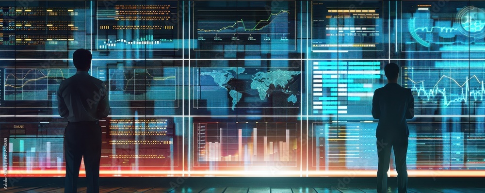 Poster two professionals analyzing global financial data on large digital screens in a modern office enviro