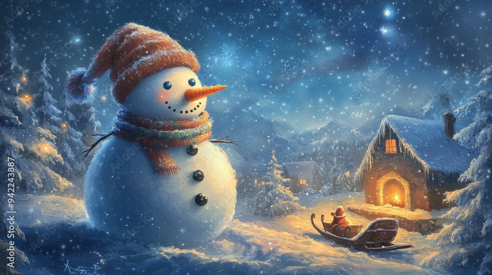 Canvas Prints A snowman in a hat and scarf sitting next to his sleigh, AI