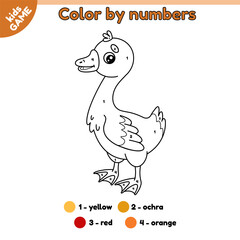 Kids game Color by numbers with cartoon farm gosling. Cute small goose. Page of the coloring book. Activity book for preschool and kindergarten children. Outline vector illustration of the farm bird.