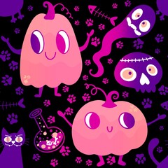 Halloween cute pumpkins seamless monsters pattern for wrapping paper and fabric