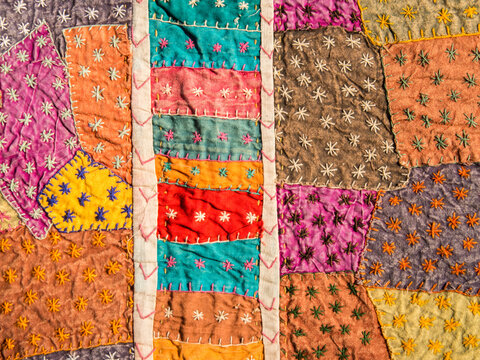 USA, New Mexico, Sante Fe. Hand sewn and stitched colorful fabrics in Sante Fe.