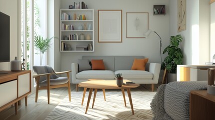 Fototapeta premium Scandinavian modern living room a contemporary take on Scandinavian style. The mood of the room is cozy and inviting.